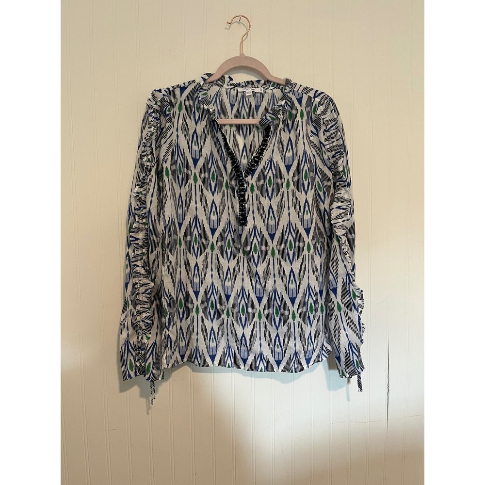 Chicos Ikat Diamond Print Beaded Split Neck Ruffle Sleeve Blouse White Blue 00 2